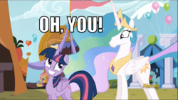 Size: 1280x720 | Tagged: safe, edit, edited screencap, screencap, amethyst star, cherry berry, lonely hearts, princess celestia, sparkler, twilight sparkle, alicorn, pony, g4, party pooped, image macro, meme, oh you, paul mccartney, ponified, twilight sparkle (alicorn), why the long face