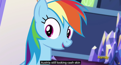 Size: 1600x855 | Tagged: safe, screencap, rainbow dash, g4, my little pony: friendship is magic, party pooped, austria, discovery family logo, meme, youtube caption