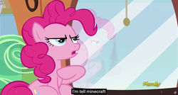 Size: 1600x855 | Tagged: safe, screencap, pinkie pie, g4, party pooped, discovery family logo, meme, minecraft, youtube caption