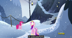 Size: 1600x855 | Tagged: safe, screencap, pinkie pie, princess cadance, g4, party pooped, blackjack, discovery family logo, meme, youtube caption