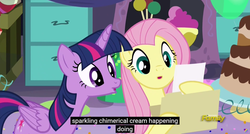 Size: 1600x855 | Tagged: safe, screencap, fluttershy, twilight sparkle, alicorn, pony, g4, party pooped, female, mare, meme, twilight sparkle (alicorn), youtube caption