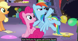 Size: 1600x855 | Tagged: safe, screencap, applejack, pinkie pie, rainbow dash, g4, party pooped, meme, youtube caption