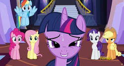 Size: 1600x855 | Tagged: safe, screencap, applejack, fluttershy, pinkie pie, rainbow dash, rarity, twilight sparkle, alicorn, pony, g4, party pooped, female, lidded eyes, lip bite, mane six, mare, out of context, sweat, twilight sparkle (alicorn)