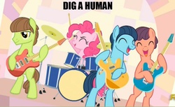 Size: 867x532 | Tagged: safe, edit, edited screencap, screencap, pinkie pie, earth pony, pony, g4, party pooped, caption, dig a pony, pinko starr, reference, song reference, text, the beatles