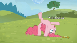 Size: 895x500 | Tagged: safe, edit, edited screencap, screencap, pinkie pie, earth pony, pony, g4, party pooped, backbend, bridge stretch, female, flexible, image macro, meme, ouch, solo