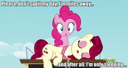 Size: 960x513 | Tagged: safe, screencap, cherry jubilee, pinkie pie, g4, party pooped, image macro, lyrics, meme, sleeping, song reference, the beatles