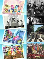 Size: 1200x1633 | Tagged: safe, edit, edited screencap, screencap, blaze, cherry jubilee, cloudchaser, lonely hearts, natural act, northern song, pinkie pie, spitfire, strawberry fields, earth pony, human, pony, g4, party pooped, abbey road, cavern club, comparison, discovery family, drums, female, george harrison, guitar, irl, irl human, john lennon, male, mare, microphone, musical instrument, paul mccartney, pete best, photo, pinko starr, ponified, reference, ringo starr, royal command performance, sgt. pepper, sgt. pepper's lonely hearts club band, stallion, the beatles, wonderbolts