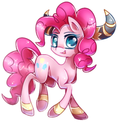 Size: 576x587 | Tagged: dead source, safe, artist:inky-pinkie, pinkie pie, earth pony, pony, g4, party pooped, female, looking at you, open mouth, simple background, smiling, solo, transparent background, yak horns