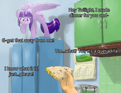 Size: 1584x1224 | Tagged: safe, artist:atteez, twilight sparkle, alicorn, human, pony, g4, party pooped, behaving like a cat, calendar, cheese, cute, dialogue, female, frown, hand, mare, offscreen character, quesadilla, raised hoof, scared, spread wings, they're just so cheesy, turophobia, twilight cat, twilight sparkle (alicorn), wide eyes