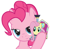 Size: 613x501 | Tagged: safe, fluttershy, pinkie pie, ponies: the anthology 3, g4, party pooped, fluttertrain, locomotive, ringo starr, the beatles, thomas the tank engine, train
