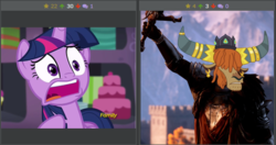 Size: 512x271 | Tagged: safe, twilight sparkle, alicorn, pony, yak, derpibooru, g4, my little pony: friendship is magic, party pooped, exploitable meme, juxtaposition, juxtaposition win, meme, meta, twilight sparkle (alicorn)