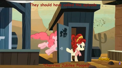 Size: 1920x1080 | Tagged: safe, screencap, cherry jubilee, pinkie pie, g4, party pooped, caption, discovery family logo, dodge junction, outhouse, potty time, watch out for that door