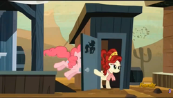 Size: 1920x1080 | Tagged: safe, screencap, cherry jubilee, pinkie pie, g4, party pooped, discovery family logo, dodge junction, outhouse, potty time, watch out for that door