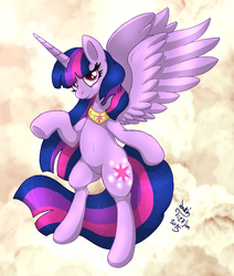 Size: 1780x2100 | Tagged: safe, artist:joakaha, twilight sparkle, alicorn, pony, g4, belly button, bipedal, female, looking at you, mare, older, raised hoof, solo, spread wings, twilight sparkle (alicorn), underhoof