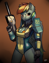 Size: 1024x1311 | Tagged: safe, artist:greenfireartist, rainbow dash, anthro, g4, abs, armor, breasts, busty rainbow dash, cleavage, female, gun, solo, unconvincing armor