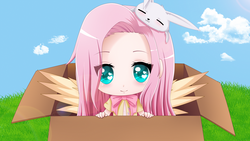 Size: 3733x2100 | Tagged: safe, artist:srtagiuu, angel bunny, fluttershy, human, g4, box, chibi, flutterbox, high res, humanized, humanized pony in box