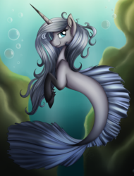 Size: 2418x3179 | Tagged: safe, artist:iraincloud, oc, oc only, oc:crescent hue, merpony, pony, unicorn, blue eyes, bubble, crepuscular rays, eyelashes, fish tail, flowing mane, flowing tail, high res, horn, long horn, smiling, solo, species swap, sunlight, tail, underwater, water