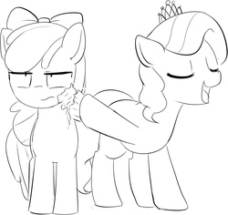 Size: 914x861 | Tagged: safe, artist:mcsadat, apple bloom, diamond tiara, g4, cupcake, grayscale, monochrome, sharing, unamused