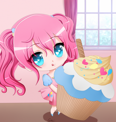 Size: 3504x3700 | Tagged: safe, artist:srtagiuu, pinkie pie, human, g4, anime, chibi, cupcake, cute, diapinkes, female, heart eyes, high res, humanized, solo, wingding eyes