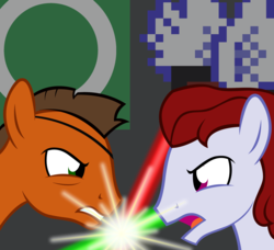 Size: 1800x1638 | Tagged: safe, artist:dtkraus, oc, oc only, oc:kirb, oc:rustback, fight, frown, glare, lightsaber, ponysona, star wars