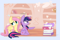 Size: 1900x1265 | Tagged: safe, artist:meekcheep, fluttershy, twilight sparkle, alicorn, pony, g4, book, bookworm, female, mare, twilight sparkle (alicorn), twilight sparkle is not amused, unamused