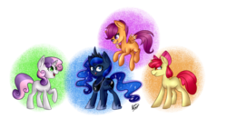 Size: 1024x536 | Tagged: safe, artist:peaceouttopizza23, apple bloom, princess luna, scootaloo, sweetie belle, g4, age regression, cutie mark crusaders, loose fitting clothes, scootaloo can fly, simple background, transparent background