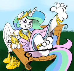 Size: 1280x1227 | Tagged: safe, artist:ced75, artist:kuroi-wolf, princess celestia, alicorn, anthro, plantigrade anthro, g4, anklet, barefoot, cute, cutelestia, feet, female, foot focus, happy, praise the sun, soles, solo, toes, true love princesses, wiggling