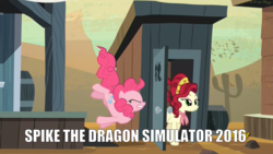 Size: 972x548 | Tagged: safe, screencap, cherry jubilee, pinkie pie, spike, g4, party pooped, image macro, impact font, meme, outhouse, text