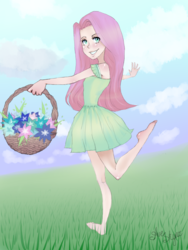 Size: 768x1024 | Tagged: safe, artist:avestyaz, fluttershy, human, g4, barefoot, blushing, clothes, feet, female, flower, grass, grin, humanized, looking back, running, smiling, solo