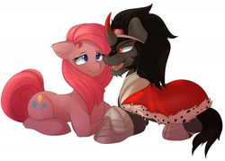 Size: 1280x918 | Tagged: safe, artist:evange, king sombra, pinkie pie, g4, cute, eye contact, female, floppy ears, fluffy, lidded eyes, looking at each other, male, open mouth, pinkamena diane pie, prone, shipping, simple background, smiling, sombrapie, straight, white background