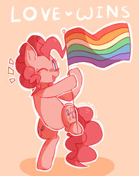Size: 839x1063 | Tagged: dead source, safe, artist:sunomii, pinkie pie, earth pony, pony, g4, bipedal, blush sticker, blushing, cute, diapinkes, female, flag, gay pride, gay pride flag, heart, hoof hold, lgbt, looking at you, lovewins, obergefell v. hodges, one eye closed, open mouth, orange background, pride, raised leg, simple background, smiling, solo, wink