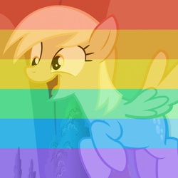Size: 960x960 | Tagged: safe, edit, derpy hooves, pegasus, pony, g4, slice of life (episode), cute, derpabetes, derpy pride, female, gay pride, gay pride flag, mare, open mouth, pride, rainbow, rainbow filter, smiling, solo, symbol
