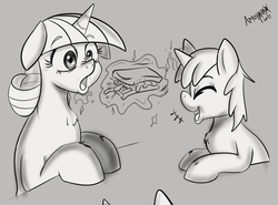 Size: 1280x946 | Tagged: safe, artist:amoniaco, shining armor, twilight velvet, comic:bbbff, g4, explicit source, fanfic art, feeding, female, food, male, monochrome, mother and son, open mouth, sandwich, ship:shiningvelvet, shipping, straight