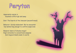 Size: 1000x700 | Tagged: safe, artist:heir-of-rick, deer, original species, peryton, miss pie's monsters, antlers, comic sans, shadow, silhouette, simple background, text, yellow background
