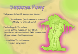 Size: 1000x700 | Tagged: safe, artist:heir-of-rick, smooze, oc, oc:slymra squishybubbles, goo pony, original species, miss pie's monsters, g4, :3, big ears, comic sans, floppy ears, ponified, simple background, smooze pony, standing, text, wavy mouth