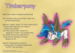 Size: 1000x700 | Tagged: safe, artist:heir-of-rick, dj pon-3, vinyl scratch, hybrid, original species, timber pony, timber wolf, miss pie's monsters, g4, claws, comic sans, crouching, cute, cute little fangs, fangs, flower, glowing, glowing eyes, red eyes, simple background, smiling, species swap, text, yellow background