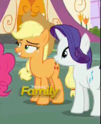 Size: 470x576 | Tagged: safe, screencap, applejack, pinkie pie, rarity, g4, party pooped, animated, context is for the weak, discovery family, discovery family logo, female, out of context