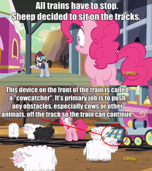 Size: 1092x1224 | Tagged: safe, screencap, all aboard, pinkie pie, earth pony, pony, sheep, g4, party pooped, :t, beard, black sheep, cowcatcher, dammit hasbro, dodge junction, ewe, eyes closed, facial hair, female, frown, gritted teeth, male, mare, moustache, pointing, ram, smiling, stallion, train, wide eyes