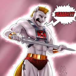 Size: 2771x2778 | Tagged: safe, artist:mykegreywolf, bulk biceps, anthro, g4, armpits, clothes, crossover, he-man, high res, male, solo, sword, topless