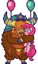 Size: 240x404 | Tagged: dead source, safe, artist:mrponiator, pinkie pie, prince rutherford, earth pony, pony, yak, g4, party pooped, animated, balloon, cloven hooves, cute, female, hug, male, pixel art, scene interpretation, season 5 pixel art, simple background, transparent background