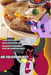 Size: 649x960 | Tagged: safe, screencap, lord tirek, twilight sparkle, alicorn, pony, g4, party pooped, twilight's kingdom, big crown thingy, female, food, image macro, jewelry, mare, meme, nose piercing, nose ring, piercing, quesadilla, regalia, septum piercing, they're just so cheesy, twilight sparkle (alicorn)