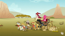 Size: 929x516 | Tagged: safe, screencap, caboose, cherry jubilee, evening star, full steam, john bull, pinkie pie, promontory, earth pony, pony, g4, party pooped, blank flank, carriage, discovery family logo, dust, female, male, mare, stallion