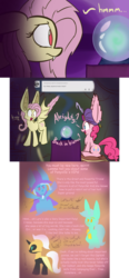 Size: 1000x2150 | Tagged: safe, artist:heir-of-rick, fluttershy, lyra heartstrings, pinkie pie, trixie, oc, oc:captain, miss pie's monsters, g4, comic, crystal ball, dialogue, flutterbat, fortune teller, hissing, species swap, turban