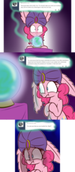 Size: 1000x2300 | Tagged: safe, artist:heir-of-rick, pinkie pie, miss pie's monsters, g4, animated in description, ask, comic, crystal ball, dialogue, fortune teller, tumblr, turban