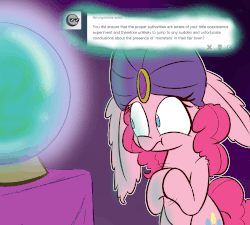 Size: 1000x900 | Tagged: safe, artist:heir-of-rick, pinkie pie, miss pie's monsters, g4, animated, ask, comic, crystal ball, dialogue, female, fortune teller, tumblr, turban