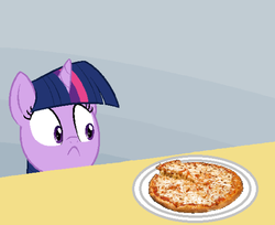Size: 550x448 | Tagged: safe, twilight sparkle, g4, party pooped, cheese pizza, female, frown, pizza, solo, they're just so cheesy