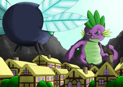 Size: 3473x2456 | Tagged: safe, artist:exelzior, spike, kaiju, parasprite, g4, fight, glare, high res, houses, macro, ponyville