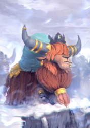 Size: 850x1200 | Tagged: safe, artist:assasinmonkey, prince rutherford, yak, g4, party pooped, cloven hooves, crown, ear piercing, earring, horn, horn ring, jewelry, male, piercing, regalia, snow, story included, that was fast