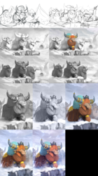 Size: 1722x3073 | Tagged: safe, artist:assasinmonkey, prince rutherford, yak, g4, party pooped, cloven hooves, male, progress, sketch, snow, unnamed character, unnamed yak, wip