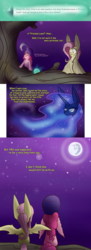 Size: 1280x3500 | Tagged: safe, artist:heir-of-rick, fluttershy, pinkie pie, princess luna, miss pie's monsters, g4, comic, dialogue, flutterbat, fortune teller, mare in the moon, moon, sad, species swap, turban, wing hands